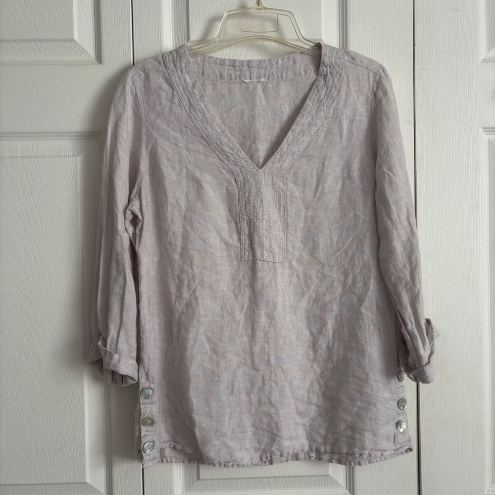 Sigrid Olsen Linen Tunic Women Small Lilac Excellent Split Neck Side Button Top